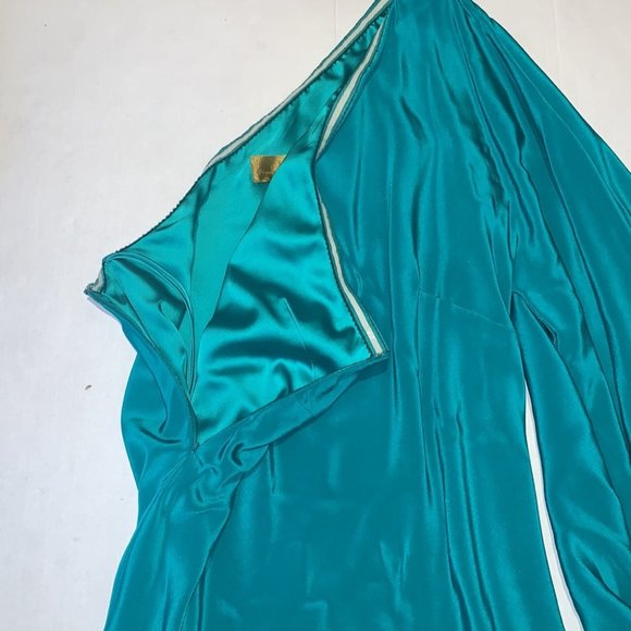 Nicole Miller green silk batwing one shoulder mini dress size 12 - Picture 7 of 13